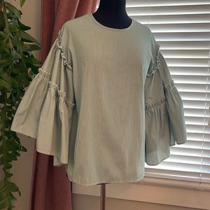 Green & White Stripe Full Volume Ruffle Sleeve Blouse